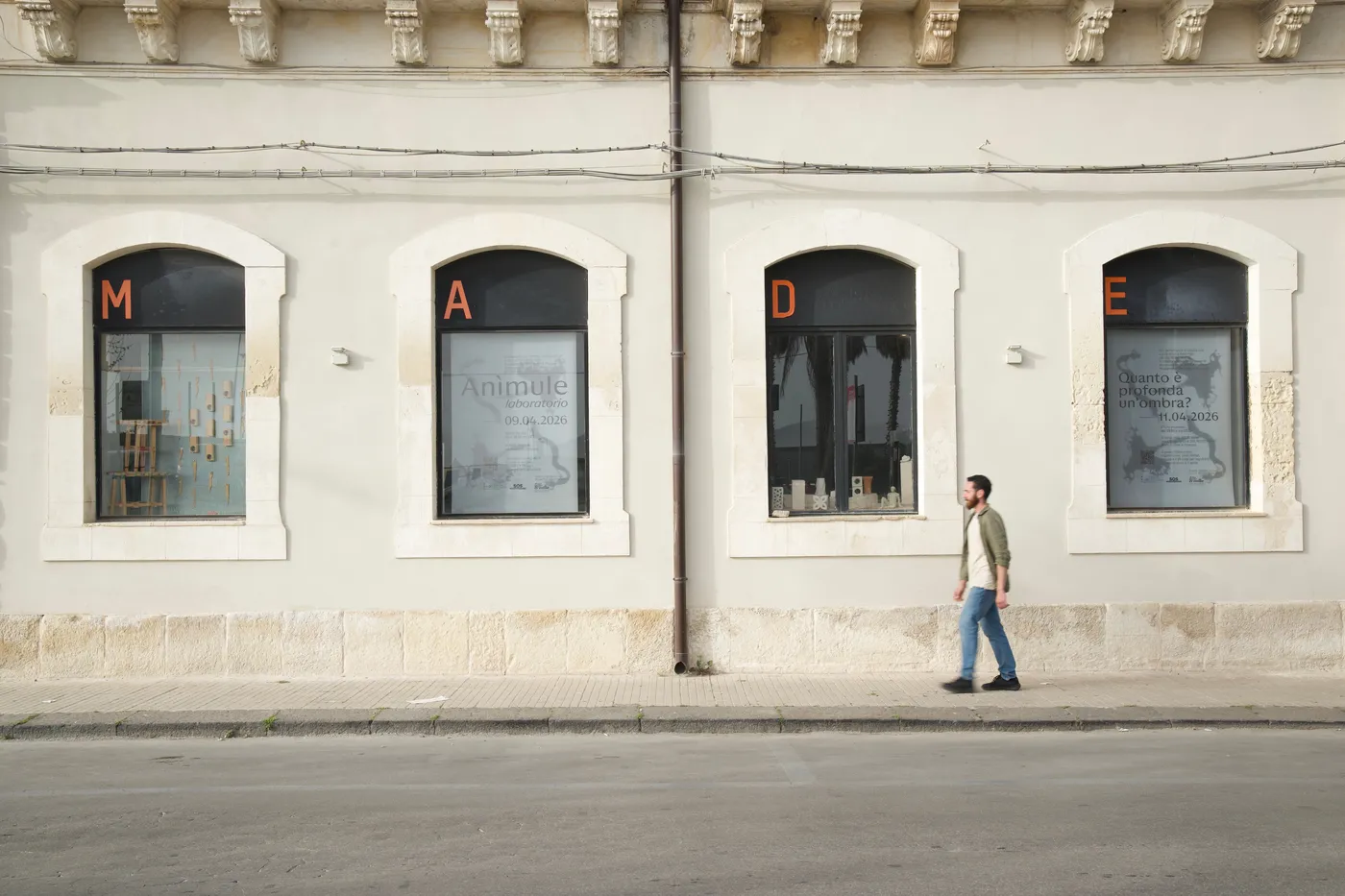 The M A D E windows with the Anìmule posters by day