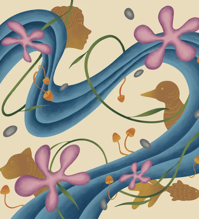 Illustration of a blue river with pink flowers, birds and fish