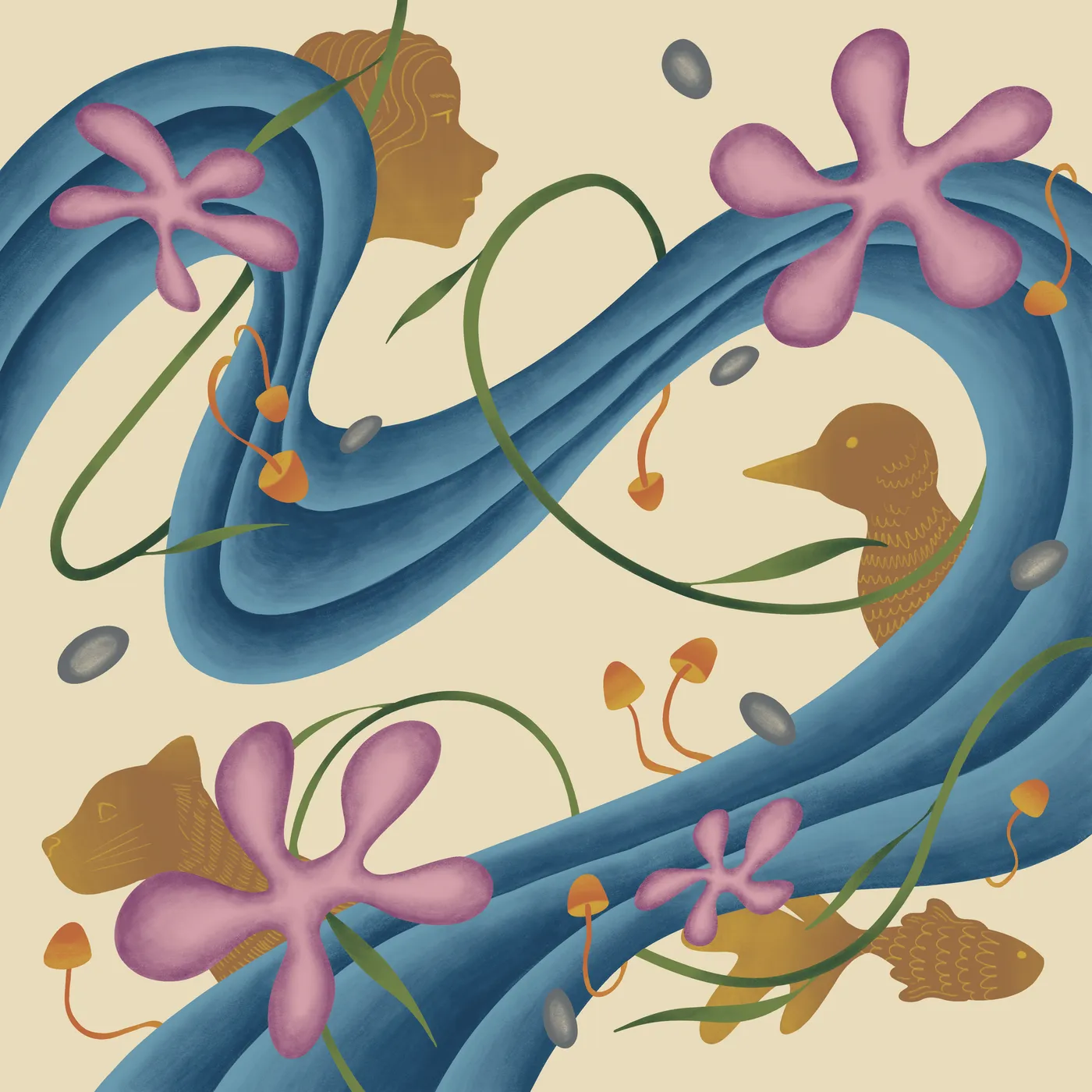 Illustration of a blue river with pink flowers, a bird and a face