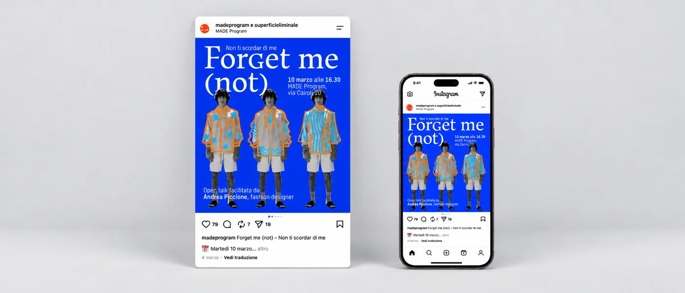 Instagram post “Forget me (not)” shown as a card and on a phone